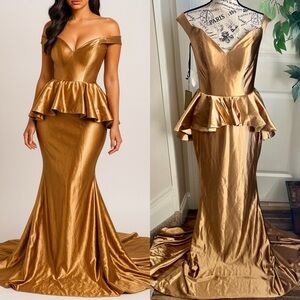 Pantora Maids Bronze Off Shoulder Peplum Mermaid Gown Gold Sz 6